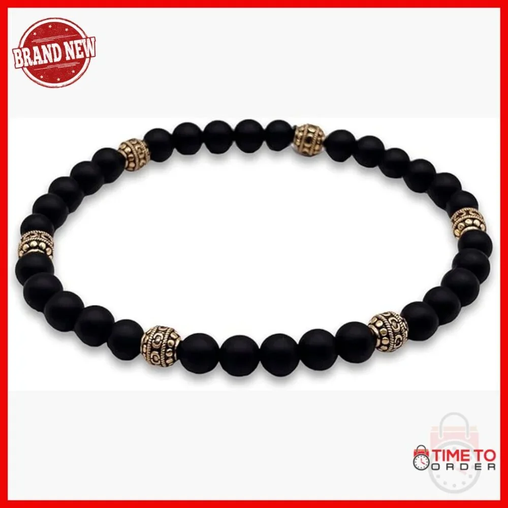 Matte Black Onyx Stone Bead Bracelet, 18K Gold Stainless Steel, Waterproof